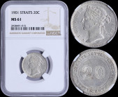 STRAITS SETTLEMENTS: 20 Cents (1901) in silver (0,800) with head of Queen Victoria facing left. Value within beaded circle on reverse. Inside slab by ...