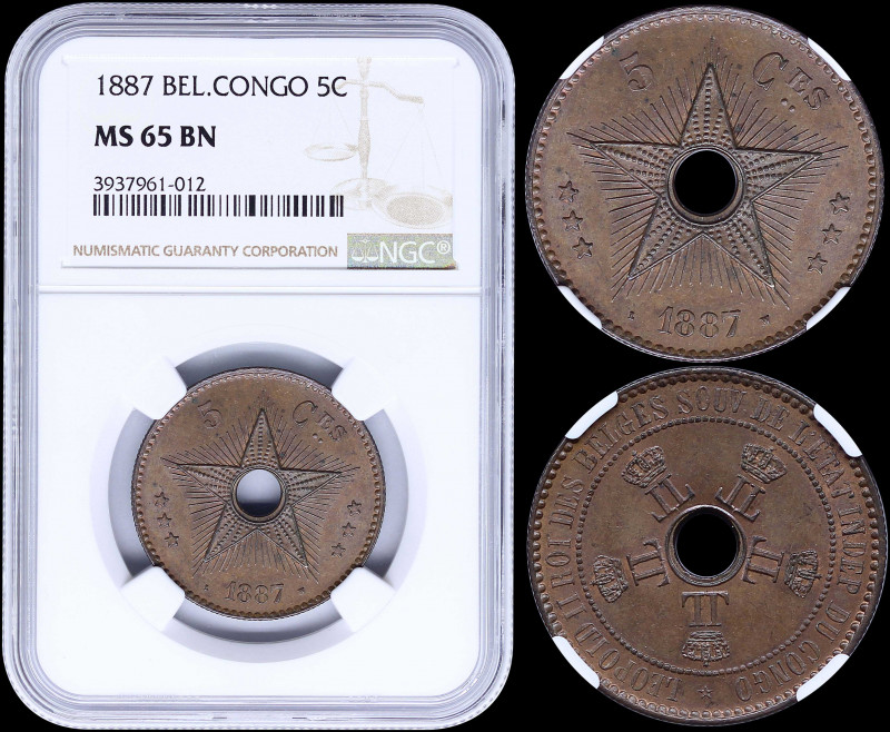 BELGIAN CONGO: 5 Centimes (1887) in copper with crowned monograms circle center ...
