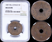 BELGIAN CONGO: 5 Centimes (1887) in copper with crowned monograms circle center hole. Center hole within star on reverse. Inside slab by NGC "MS 65 BN...