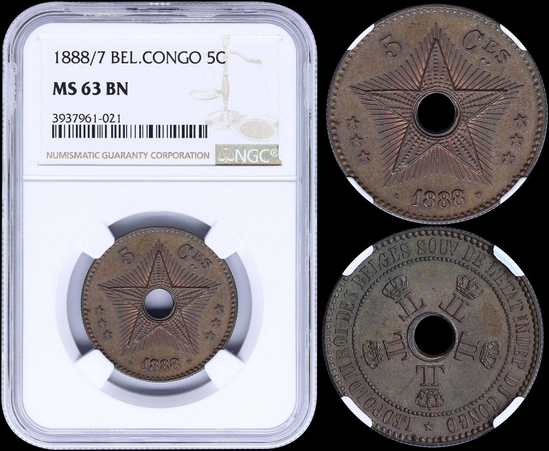 BELGIAN CONGO: 5 Centimes (1888/7) in copper with crowned monograms circle cente...