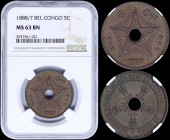 BELGIAN CONGO: 5 Centimes (1888/7) in copper with crowned monograms circle center hole. Center hole within star on reverse. Inside slab by NGC "MS 63 ...