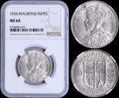 MAURITIUS: 1 Rupee (1934) in silver with crowned bust of King George V facing left. National Arms divide date above value on reverse. Inside slab by N...