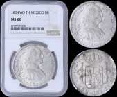 MEXICO: 8 Reales (1804Mo TH) in silver (0,896) with laurete bust of Charles IIII facing right. Crowned shield flanked by pillars with banner on revers...