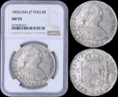 PERU: 8 Reales (1805LIMAE JP) in silver (0,896) with laurete bust of Charles IIII facing right. Crowned shield flanked by pillars with banner on rever...