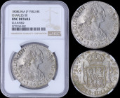 PERU: 8 Reales (1808LIMAE JP) in silver (0,896) with laurete bust of Charles IIII facing right. Crowned shield flanked by pillars with banner on rever...