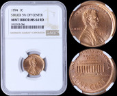 USA: 1 Cent (1994) in brass with bust of President Lincoln facing right. The Lincoln Memorial on reverse. Inside slab by NGC "MINT ERROR MS 64 RD". (K...