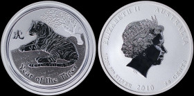AUSTRALIA: 50 Cents (2010 P) in silver (0,999) commemorating the Year of the Tiger with head of Queen Elizabeth II facing right. Tiger at rest on reve...
