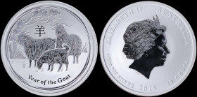 AUSTRALIA: 50 Cents (2015 P) in silver (0,999) commemorating the Year of the Goat with head of Queen Elizabeth II facing right. Goat family on reverse...