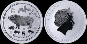 AUSTRALIA: 50 Cents (2019 P) in silver (0,999) commemorating the Year of the Pig with head of Queen Elizabeth II facing right. Pig parent with four ch...