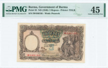 BURMA: 5 Rupees (ND 1948) in brown and multicolor with chinthe statue at right. S/N: "IW 646185". WMK: Peacock. Printed by TDLR. Inside holder by PMG ...