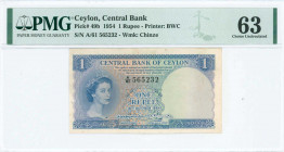CEYLON: 1 Rupee (16.10.1954) in blue on orange and green unpt with portrait of Queen Elizabeth II at left. S/N: "A/61 565232". WMK: Chinze. Printed by...