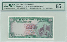 CEYLON: 10 Rupees (26.8.1977) in green and purple on orange and blue unpt with statue of King Parakramabahu the Great at right. S/N: "M/309 637871". W...