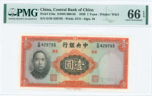 CHINA / REPUBLIC: 1 Yuan (1936) in orange on multicolor unpt with SYS at left. S/N: "D/M 429793". Printed by W&S. WMK: SYS. Signature #5. Inside holde...
