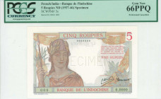 FRENCH INDIA: Specimen of 5 Roupies (ND 1946) in brown and orange on multicolor unpt with woman wearing helmet holding lance at left. S/N: "O.0000 000...
