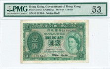 HONG KONG: 1 Dollar (1.7.1959) in dark green on multicolor unpt with portrait of Queen Elizabeth II at right. S/N: "6A 816335". Printed by BWC. Inside...