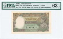 INDIA: 5 Rupees (1943) in brown and green with oval portrait of King George VI at right. S/N: "K/57 192176". WMK: King George VI. Signature by Deshmuk...