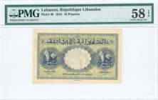 LEBANON: 10 Piastres (15.2.1944) in dark blue on light green unpt. Inside holder by PMG "Choice About Unc 58 - EPQ". (Pick 39).