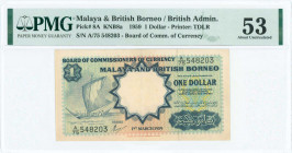 MALAYA & BRITISH BORNEO: 1 Dollar (1.3.1959) in blue on multicolor unpt with sailing boat at left. S/N: "A/75 548203". WMK: Tiger head. Printed by TDL...