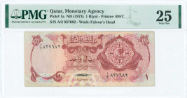 QATAR: 1 Riyal (ND 1973) in red on lilac and multicolor unpt with Coat of Arms in circle at right. S/N: "A/2 837682". WMK: Falcon head. Printed by BWC...