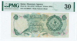 QATAR: 10 Riyals (ND 1973) in green on multicolor unpt with Coat of Arms in circle at right. S/N: "A/6 200824". WMK: Falcon head. Printed by BWC (with...