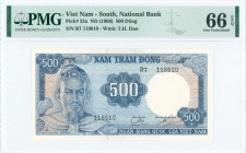 SOUTH VIETNAM: 500 Dong (ND 1966) in blue on multicolor unpt with Tran Hung Dao (warrior) at left. S/N: "R7 116610". WMK: Tran Hung Dao. Printed by TD...