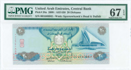 UNITED ARAB EMIRATES: 20 Dirhams (2009) in green, blue and multicolor with Dubai Creek Golf and Yacht Club at right. S/N: "001640882". WMK: Sparrowhaw...