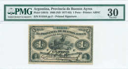 ARGENTINA: 1 Peso (1.1.1869 - ND 1877/83 issue) in black with woman at lower left and right, ram and ews at upper center. S/N: "814164 pp F". Printed ...