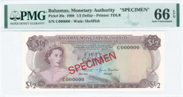 BAHAMAS: Specimen of 1/2 Dollar (1968) in purple on multicolor unpt with Queen Elizabeth II at left. S/N: C 000000". Red diagonal ovpt "SPECIMEN" at c...