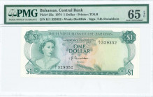 BAHAMAS: 1 Dollar (Law 1974) in dark green on multicolor unpt with Queen Elizabeth II at left. S/N: "K/1 329352". WMK: Conch shell. Signature by Donal...