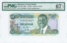 BAHAMAS: 1 Dollar (2001) in green, brown and multicolor with Sir Lynden O Pindling at right. S/N: "CN 478849". WMK: Sailing ship. Printed by (T)DLR. I...
