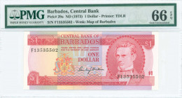 BARBADOS: 1 Dollar (ND 1973) in red on multicolor unpt with portrait of Samuel Jackman Prescod at right. S/N: "F13 535502". WMK: Map of Barbados. Prin...