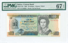 BELIZE: 10 Dollars (1.5.1990) in black, olive-brown and deep blue-green on multicolor unpt with Queen Elizabeth II at right and Court House clock towe...