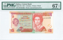 BELIZE: 5 Dollars (2011) in multicolor with mature facing portrait of Queen Elizabeth II at right. S/N: "DN 755405". WMK: Carved head and value. Print...