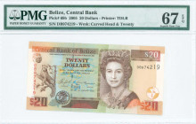 BELIZE: 20 Dollars (2005) with mature portait of Queen Elizabeth II at right. S/N: "DB 974219". WMK: Carved head and value. Printed by TDLR. Inside ho...