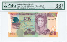 BELIZE: 50 Dollars (2009) with mature portait of Queen Elizabeth II at right. S/N: "DE 336033". WMK: Jaguars head and value. Printed by (T)DLR. Inside...