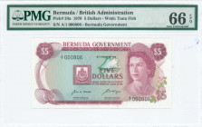 BERMUDA: 5 Dollars (6.2.1970) in red-violet on multicolor unpt with Queen Elizabeth II at right and Arms at center left. Low S/N: "A/1 000806". WMK: T...