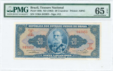 BRAZIL: 20 Cruzeiros (1963) in dark blue on multicolor unpt with portrait of Deodoro da Fonseca at center. S/N: "1136A 045953". Printed by ABNC. Signa...