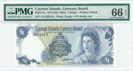 CAYMAN ISLANDS: 1 Dollar (Law 1974 / ND 1985) in blue on multicolor unpt with Queen Elizabeth II at right. S/N: "A/4 623518". WMK: Turtle. Signature b...