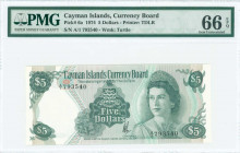 CAYMAN ISLANDS: 5 Dollars (Law 1974 - ND 1981) in green on multicolor unpt with Queen Elizabeth II at right. S/N: "A/1 793540". WMK: Turtle. Printed b...