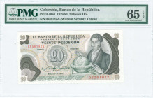 COLOMBIA: 20 Pesos Oro (1.1.1983) in brown, gray and green on multicolor unpt with Francisco Jose de Caldas with globe at right. S/N: "05561922". With...