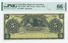 COSTA RICA: Remainder of 5 Pesos (1.4.1899) in black on yellow and pale green unpt with lion at center. S/N: "79907". Printed by ABNC. Inside holder b...