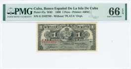 CUBA: 1 Peso (15.5.1896) in black with Coat of Arms at center. S/N: "3102789". Printed by ABNC. Without "PLATA" ovpt. Inside holder by PMG "Gem Uncirc...
