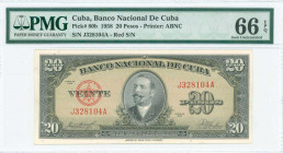 CUBA: 20 Pesos (1958) in black on olive unpt with portrait of A Maceo at center. S/N: "J 328104 A". Printed by ABNC. Inside holder by PMG "Gem Uncircu...