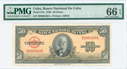 CUBA: 50 Pesos (1958) in black on yellow unpt with portrait of Calixto Garcia Iniguez at center. S/N: "B 900349 A". Printed by ABNC. Inside holder by ...
