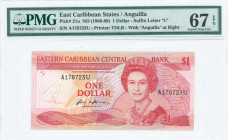 EAST CARIBBEAN STATES / ANGUILLA: 1 Dollar (ND 1988-89) in red on multicolor unpt with Queen Elizabeth II at center right. S/N: "A 178723 U". WMK: Que...