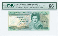 EAST CARIBBEAN STATES / ANGUILLA: 5 Dollars (ND 1988-93) in deep green on multicolor unpt with Queen Elizabeth II at center right. S/N: "B 269450 A". ...