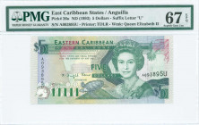 EAST CARIBBEAN STATES / ANGUILLA: 5 Dollars (ND 1993) in dark green, black and violet on multicolor unpt with Queen Elizabeth II at center right. S/N:...