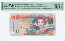 EAST CARIBBEAN STATES / DOMINICA: 20 Dollars (ND 2003) in purple and slate blue on multicolor unpt with Queen Elizabeth II at center right. S/N: "H 27...