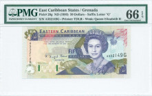 EAST CARIBBEAN STATES / GRENADA: 50 Dollars (ND 1993) in purple and olive-green on multicolor unpt with Queen Elizabeth at center right. S/N: "A 33214...