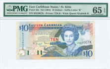 EAST CARIBBEAN STATES / ST KITTS: 10 Dollars (ND 1994) in dark blue, black and red on multicolor unpt with Queen Elizabeth II at center right. S/N: "B...